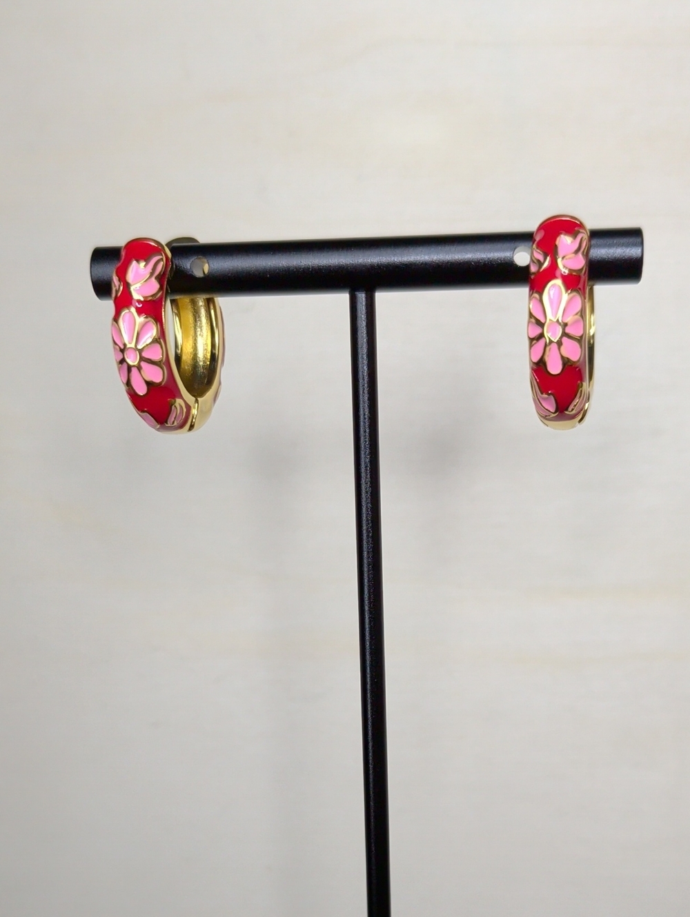 18k Gold Filled Pink & Red Floral Enamel Hoop Earrings - vintage inspired